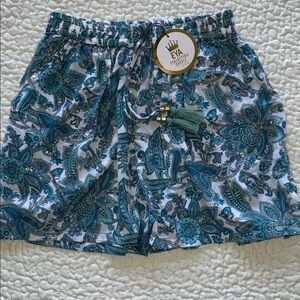 NWT Greece EUA Collection Silk Shorts Teal Floral Paisley Gold Accents One Size